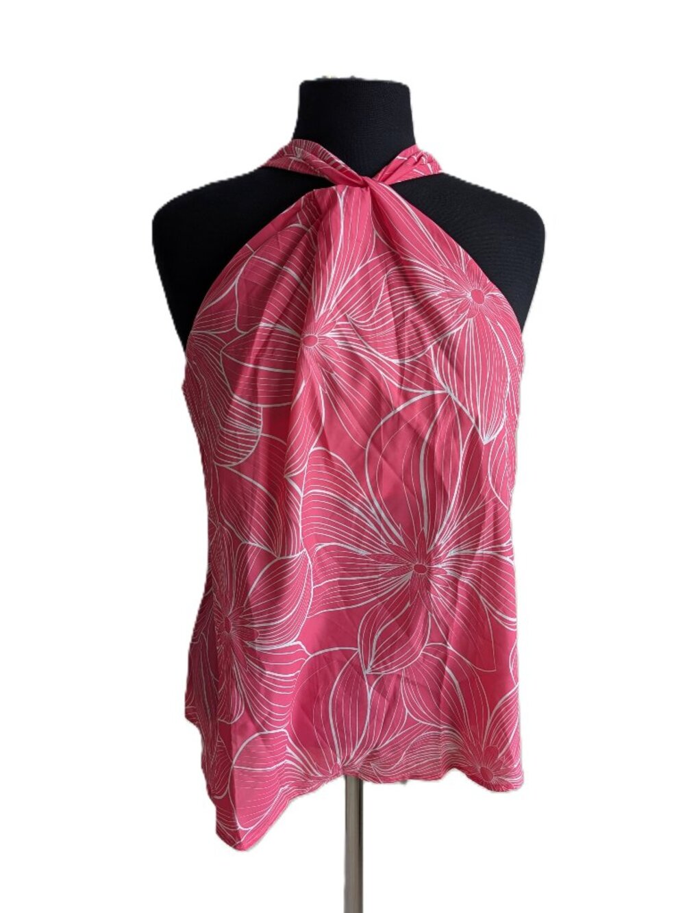 Hot Pink Floral Twist Halter Top | Open Back Keyhole | NWOT | Small